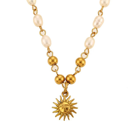 Stainless Steel Gold Beads Chain Jewelry Elegant Freshwater Pearl Necklace Beautiful Sun Pendant Necklace for Women Girls