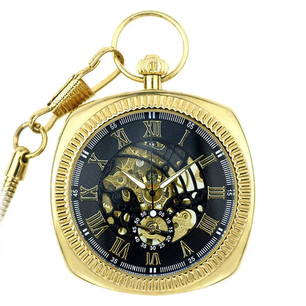 Skeleton Dia Hollow Roman Number Square Manual Vintage Mechanical Pocket Watches