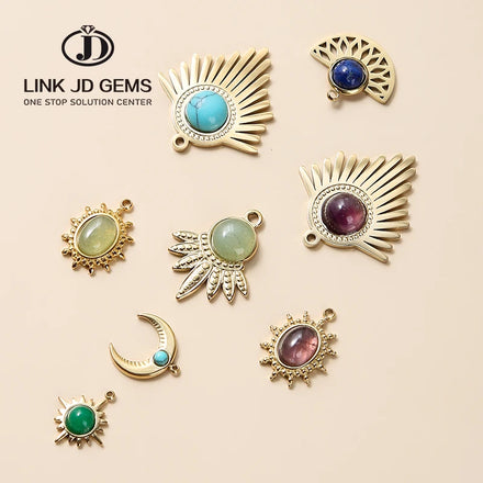 JD Wholesale Amethyst Blue Turquoises Inlay Stainless Steel Pendants Natural Stone Bohemian Charms for Jewelry Making Accessory