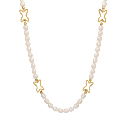 French Jewelry's New Stainless Steel Necklace with Gold Plated Freshwater Pearl Pendant Round Geometry Collar Chain Wedding Gift