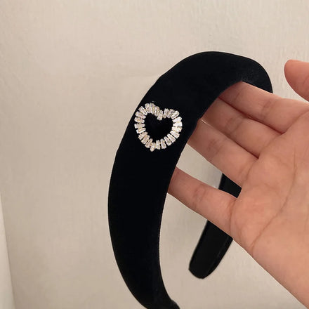 Women Lady Black Velvet Hair Hoop Padded Heart Charm Thick Wide Sponge Black Headband Diademas-por-mayor