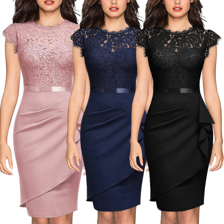 Women's Lace Sheath Dress Elegant Cocktail Party Dress Formal Bodycon Pencil Dress Satin Waistband Lace Overlay