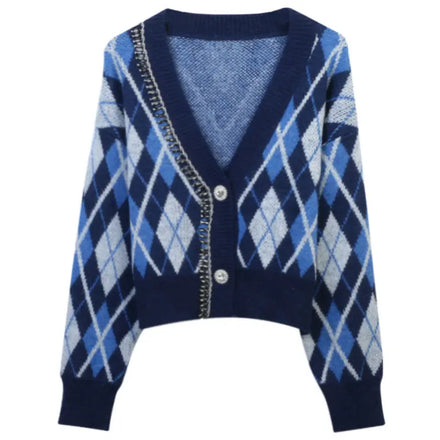 Women Cardigans Trendy Mohair Argyle Jacquard V Neck Knitwear Beading Ladies Knitted Sweater