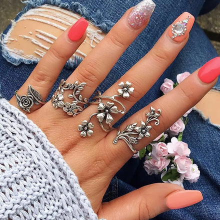 Wholesale Vintage Silver Punk Bohemian Ethnic Style Flower Women Rings Jewelry Sets Joint Branch Ring
