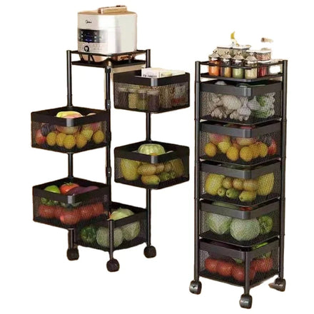 5 Layer Rotating Shelf 360 Degree Baskets Fruit Vegetable Storage Rack Floor Round Shelf with Wheels Kitchen Foldable 50 Set
