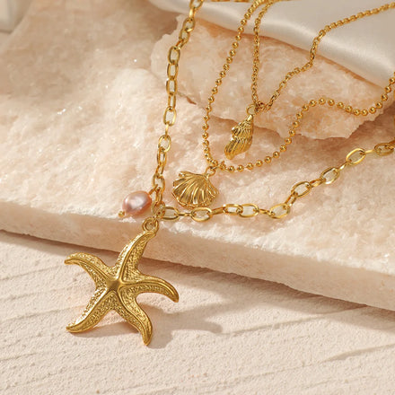 YF3217 Waterproof Jewelry Stainless Steel Layering Necklace 18K Gold Plated Three Layer Shell Starfish Conch Pendant Necklaces