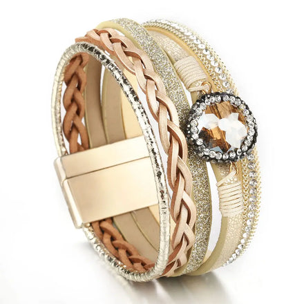 Multi-layer Hand-woven Natural Crystal Bracelet Ladies Jewelry Alloy Magnetic Buckle Boho Bracelet