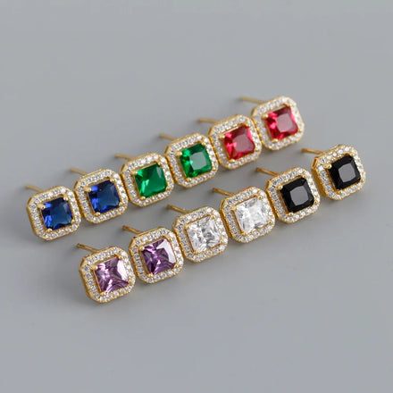 Premium square Gemstone 925 Sterling Silver Stud Earrings Colored Zircon Earrings Jewelry Woman