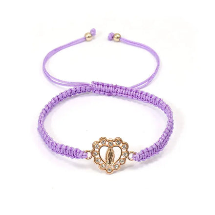 Handmade Gold Plated Adjustable Heart Virgin Mary Charm Bracelet Alloy Braided Woven Rope String for Women