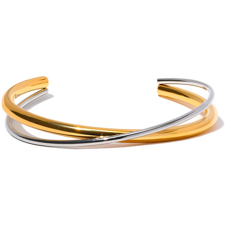 JINYOU 1632 Waterproof 18K Gold Plated Geometric Stainless Steel Double Color Cuff Bracelet Bangle Statement Texture Jewelry