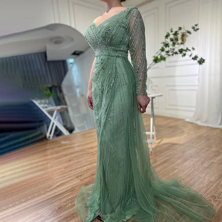 Mint One Shoulder High Split Mermaid Beaded Evening Dresses Serene Hill LA71859 Overskirt Party Gowns for Women Rts