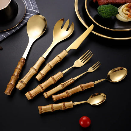 Creative Natural Bamboo Handle Cutlery Set Stainless Steel Dessert Spoon Steak Knife Fork Spoon Flatware 7pcs Set