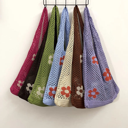 Women's New Crochet Net Totes Floral Beach Crochet Knit Tote Bags Elegant Floral Beach Knitted Shoulder Bag