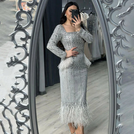 Serene Hill LA71669L Grey Long Sleeves Mermaid Ankle Length Evening Dresses with Feathers Plus Size Party Gowns for Women Rts