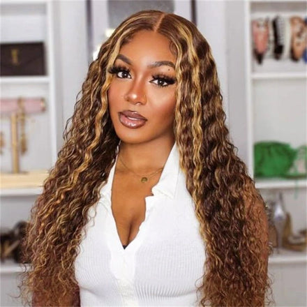 13x4 Lace Front Human Hair Wigs Honey Blonde Water Wave Highlight with Pre-Plucked Piano Brown 150% Density Colored HD Lace