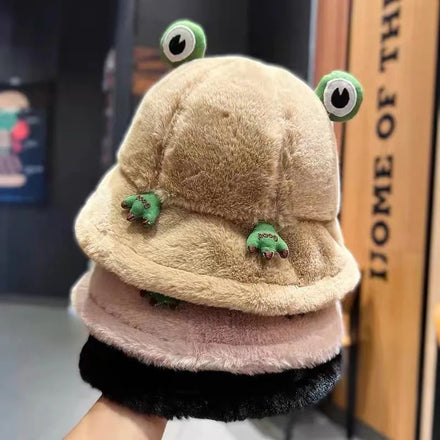 Super Cute Personality Bucket Hat Autumn and Winter Protect Warm Winter Hat Cartoon Frog Plush Fisherman Hat Female