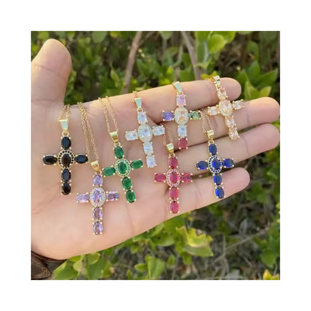 Fashion Copper Cubic Zirconia Cross Pendants Christian Catholic Jesus Charm Gold Plated Sparkling Jewelry Fine Jewelry Necklaces
