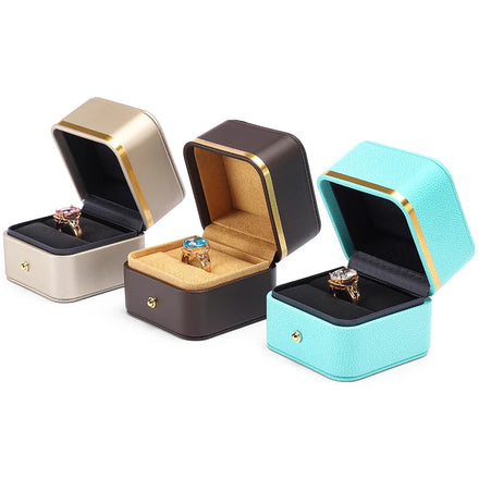DIGU Luxury Gold Border Square Leather Engagement Ring & Pendant Box Ring Jewelry Box Jewelry Gift Box Romantic Ring Box