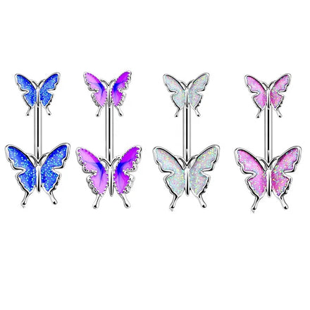 Elegant Colorful Glitter Paint Butterfly Belly Rings Double Gem Luxury Soft Enamel Navel Body Piercing Jewelry