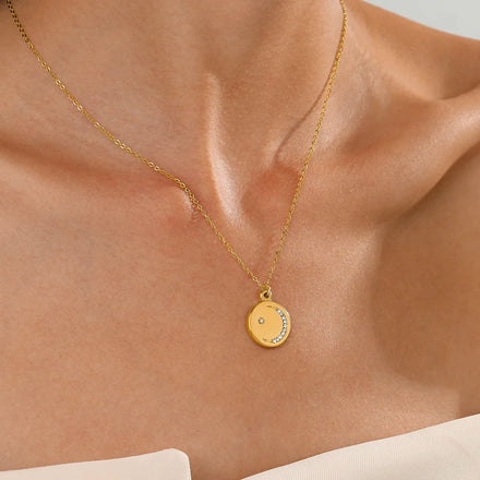 YF3220 Hot Sale Trendy 14k Gold Plate Stainless Steel Inlaid Pave Zircon Moon Star Pendant Necklace for Girls