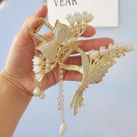 Retro Pearl Tassel Butterfly Shark Clip Head Ornament Convallariae Back Hairpin with Metal Claw Catch for Hair Styling