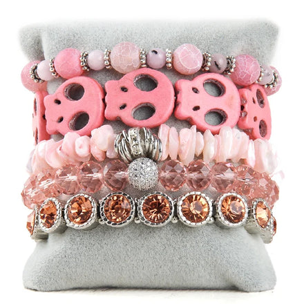 Fashion 5pcs Jewelry Crystal Glass Natural Stone Alloy Cross Bracelet Bright Color Resin Skull Head Stack Bracelet Set