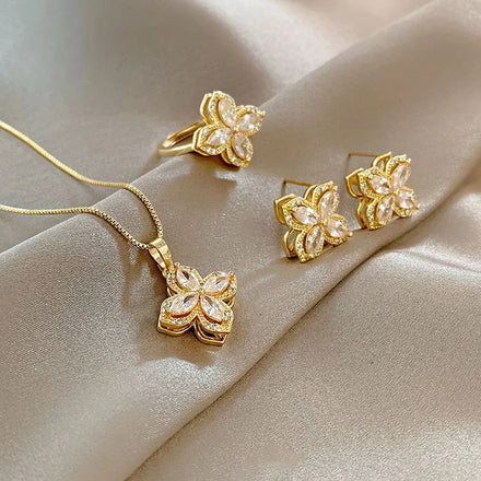 G1822 3Pcs Set Rotatable Flower Fidget Ring Necklace Anxiety Stress Relieve Earrings Spinning Mood Four Leaf Clover Jewelry Sets