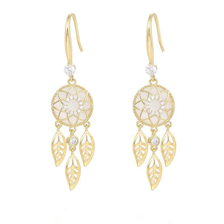 SC 2023 Hot Selling Gold Plated Flower Leaves Earrings Girls Fashion Opal Zircon Long Tassel Dreamcatcher Earrings for Women