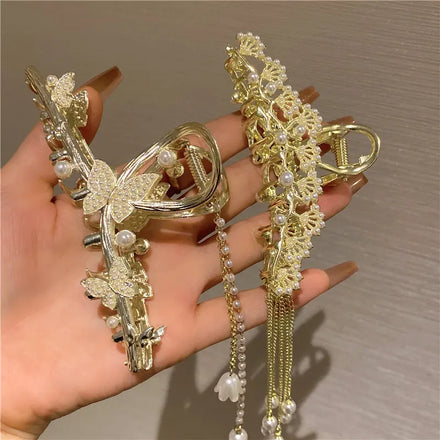 Fashion Head Ornament Back Head Hairpin Hair Claw Catch Clips Pearl Butterfly Tassel Shark Clip