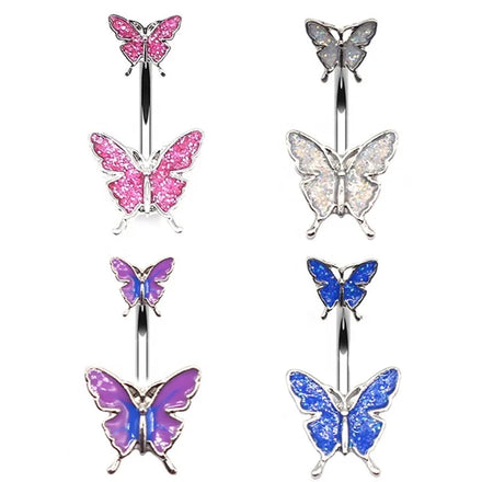 Cute Double Butterfly Navel Button Piercing Shinny Glitter Dance Belly Rings Enamel Body Piercing Jewelry