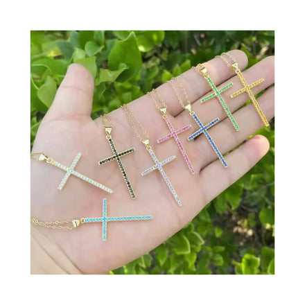 Personalized Colorful Stainless Steel Cross Necklace Zircon Crystal Rhinestone Charm Pendant Gold Plated Crucifix Necklace for