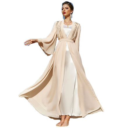 2023 Latest Beige Long Sleeve Beaded Embroidery Double Layer Chiffon Women's Party Muslim Open Abaya