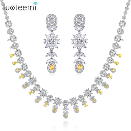 LUOTEEMI Delicate Jewelry Charm Lady CZ Diamond Woman Wedding Accessory Jewellery Bridal Earring Necklace Set