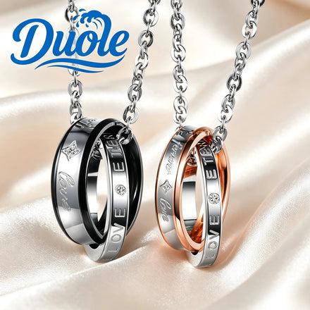 Fashion Jewelry Stainless Steel Zircon Double Rings Pendant Necklace For Men Women Couple 18k Gold Plated Necklace
