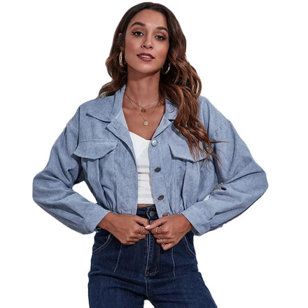 2026 Corduroy Jacket Solid Color Single Breasted Shoulder Women Short Jacket Long Sleeve Pocket Clothes Women One Piece Top