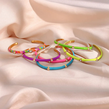 Sweet Open Plain Cuff Bangles Shiny Rhinestone Inlay Oil Drip Candy Color Colorfast Round Stainless Steel Bangles