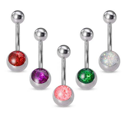 Stainless Steel Curved Barbell Navel Piercing Body Jewelry for Women and Girls Double Gem Epoxy Cover Glitter Belly Studs