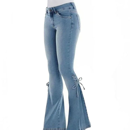 Mid Waisted Stretch Flare Jeans Women Denim Pants Wide Leg Butt-lifted Casual Korean Style Skinny Bell Bottom Pocket Trousers