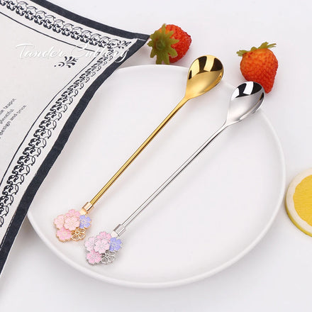 Wholesale Long Handle Creative Flower Shaped Ice Cream Stirring Spoon Stainless Steel Gold Coffee Tea Spoon Set