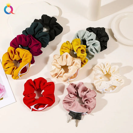 QIYUE Woman's Polyester Scrunchies with Zipper Hide Pocket Hair Tie Ponytail Holder Scrunchy