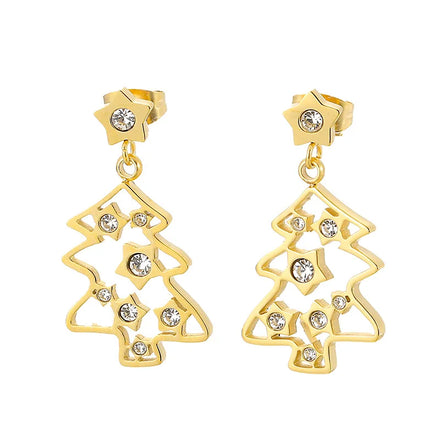 Trendy Stainless Steel Christmas Jewelry Gold Plated Hollow Out Christmas Tree Star Rhinestone Dangle Earrings