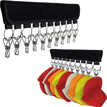 Folding Clothes Hat Organizer Hanger Cap Holder with 10 Steel Clips Black Eco-Friendly Wall Mount Hook and Loop for Home Use