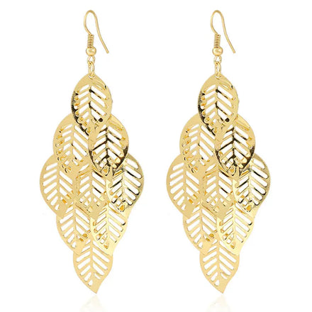 SC Personalized 10cm Long Leaf Drop Statement Earrings Women Fashion Gold Plated Multilayer Hollow Leaves Tassel Earrings