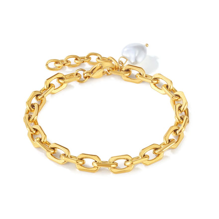 New Design Simple Fashion Geometric Jewelry Stainless Steel Gold Rectangular Freshwater Pearl Pendant Women Luxury Bracelet