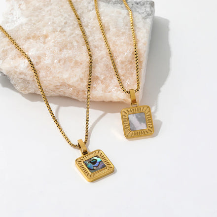 JLN0187 Fashion Jewelry Wholesale Classic Square Colorful White Green Shell Pendant Stainless Steel Necklace