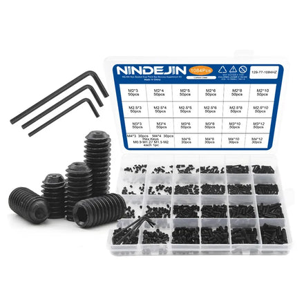 NINDEJIN Black Carbon Steel Metric M2-M10 Grub Set Screws Cup Point Assorted Screws Kit GB Standard Class 12.9 Hex Socket