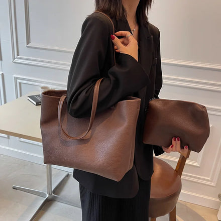Ladies Fashion Bags Classic Faux Leather Clutch Tote 2-in-1Handbags Set PU Leather Shoulder Bags DOMJA150