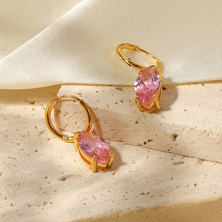 Luxury Women's Stainless Steel Huggie Hoop Earrings 18K PVD Gold Plated No Fade Waterproof Pink Gem Jewelry Fashion Drop Design