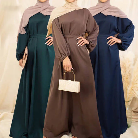 Muslim Islamic Clothing Modest Maxi Dress With Side Pockets Slim Sleeve Elastic Cuff Plain Color Satin Closed Abaya Match Hijab