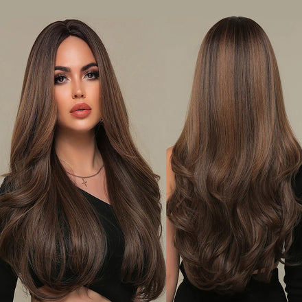 Factory Fast Delivery Synthetic Long Wavy Ombre Dark to Brown Wigs Natural Wave Hair Wig for Women High Temperature Layered Hair